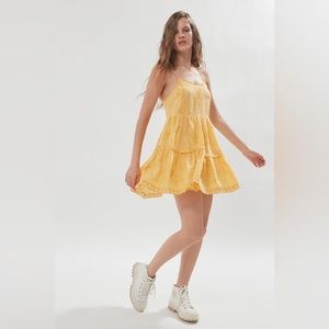 UO Hanna Embroidered Scalloped Babydoll Mini Dress